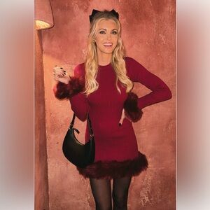 Show Me Your Mumu Cranberry Knit Dress with Faux Fur Trim